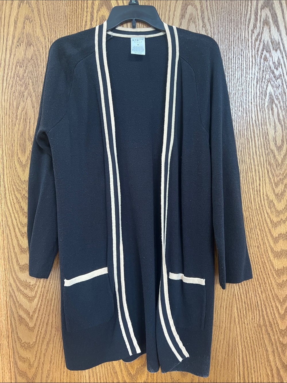 Serra Black Open-Front Cardigan with Cream Trim